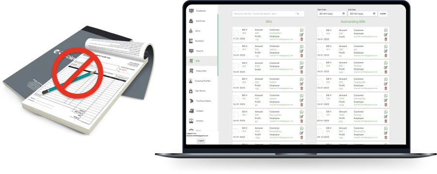 Manual bookkeeping vs digital business management: the ManageKaro business management software dashboard on a laptop